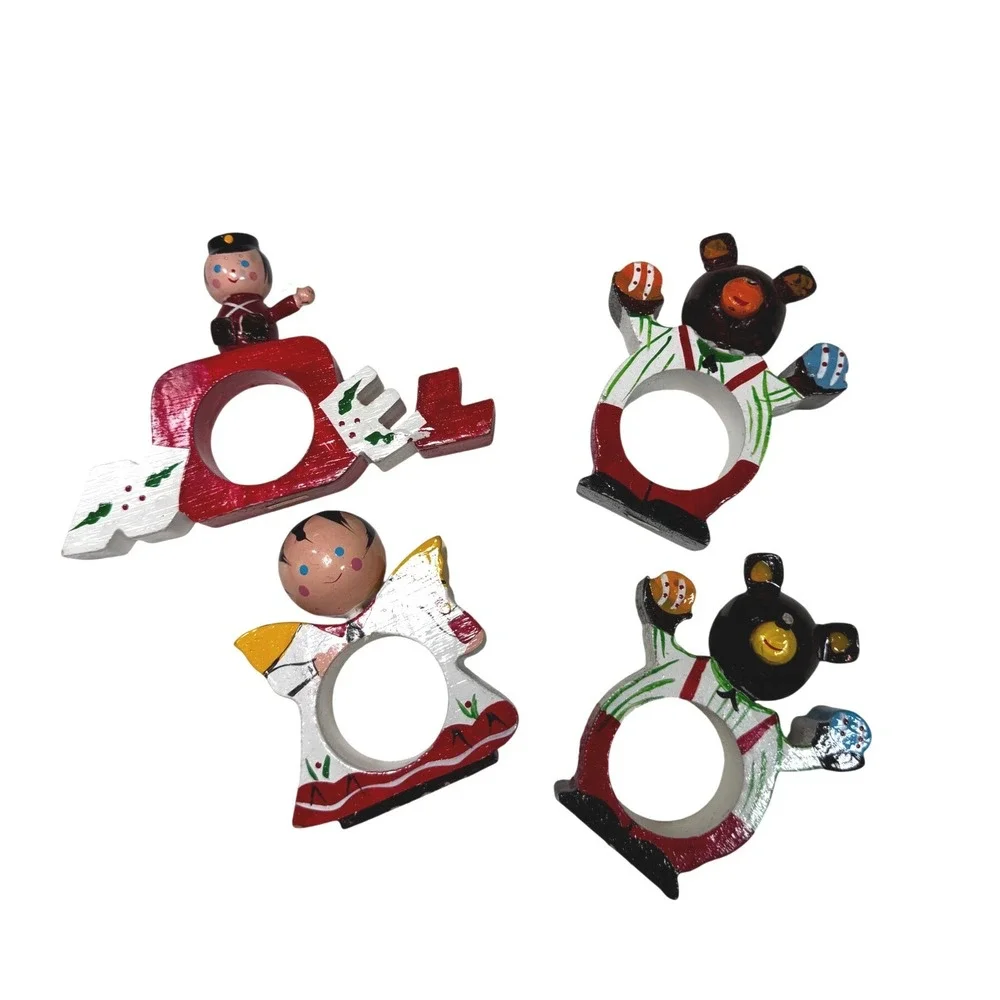 Set of 4‎ vintage Wooden Hand Painted Napkin Rings Holiday Bears Angel Soldier